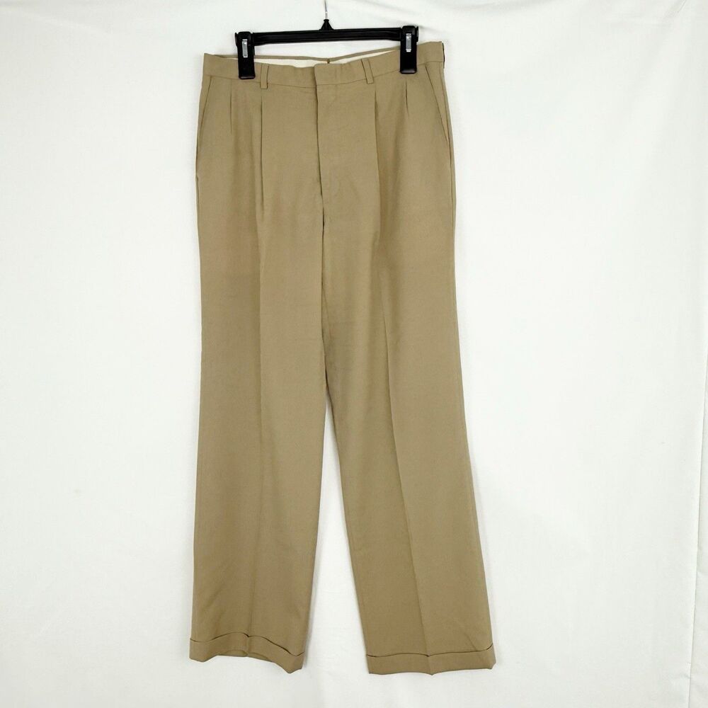 Vintage Dress Pants Pleated Front Cuffed Hems Mens 32 x 31 Beige
